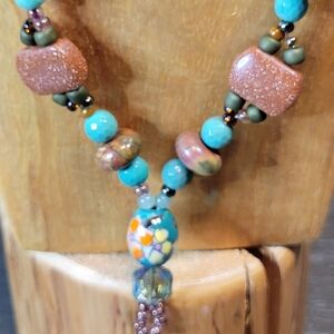 Handmade Gemstone Necklace Goldstone, Unakite, Picture Jasper, Green Glass 28"